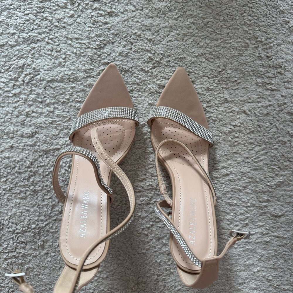 Azalea Wang Beige Strappy Heels with Rhinestone Accents